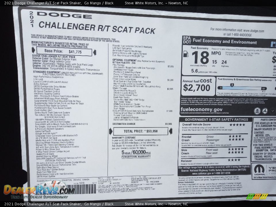 2021 Dodge Challenger R/T Scat Pack Shaker Window Sticker Photo #26