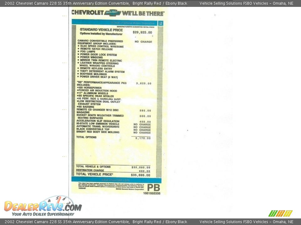 2002 Chevrolet Camaro Z28 SS 35th Anniversary Edition Convertible Window Sticker Photo #21