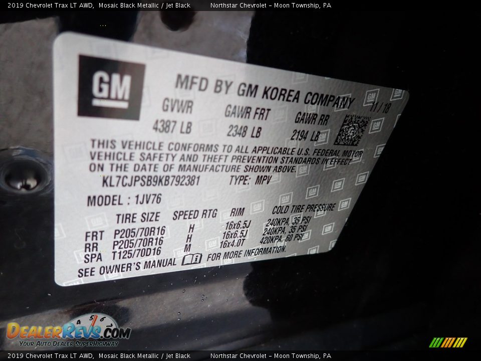 2019 Chevrolet Trax LT AWD Mosaic Black Metallic / Jet Black Photo #28