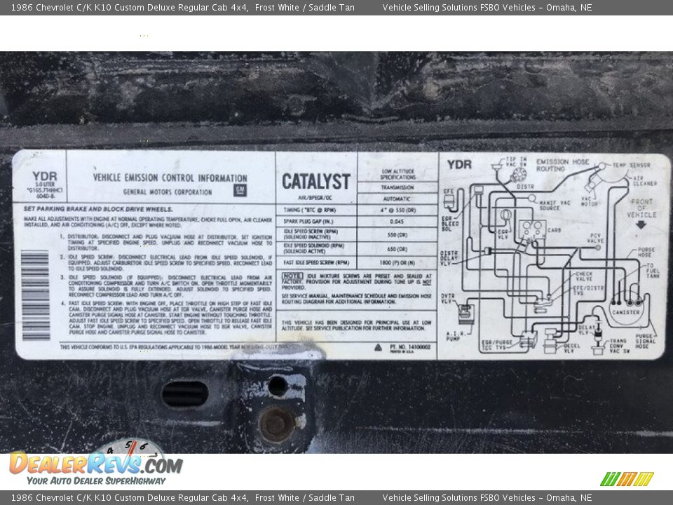 Info Tag of 1986 Chevrolet C/K K10 Custom Deluxe Regular Cab 4x4 Photo #14