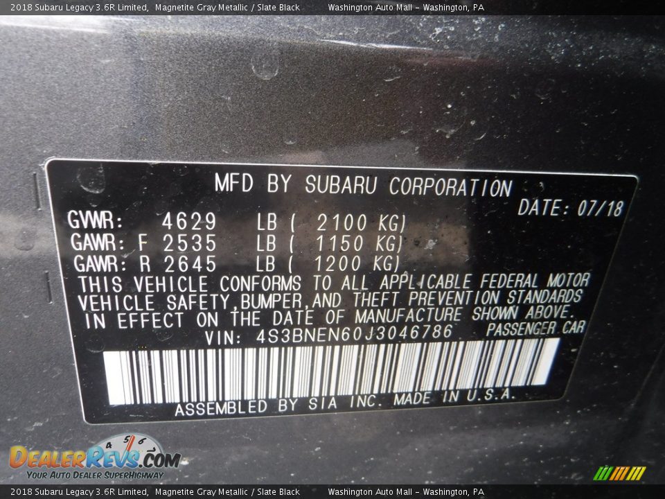 2018 Subaru Legacy 3.6R Limited Magnetite Gray Metallic / Slate Black Photo #33