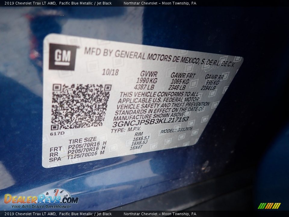 2019 Chevrolet Trax LT AWD Pacific Blue Metallic / Jet Black Photo #28