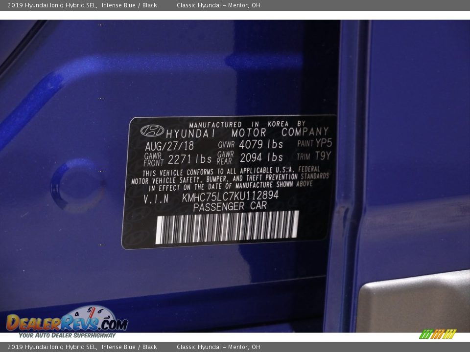 2019 Hyundai Ioniq Hybrid SEL Intense Blue / Black Photo #21