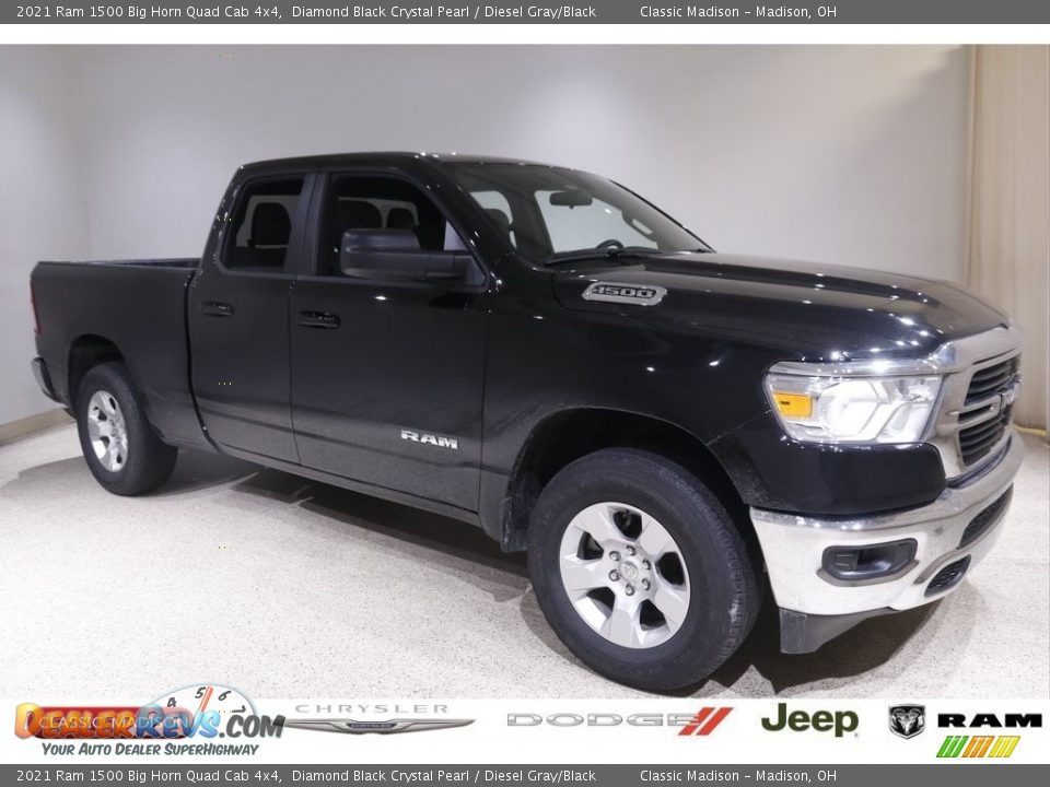 2021 Ram 1500 Big Horn Quad Cab 4x4 Diamond Black Crystal Pearl / Diesel Gray/Black Photo #1