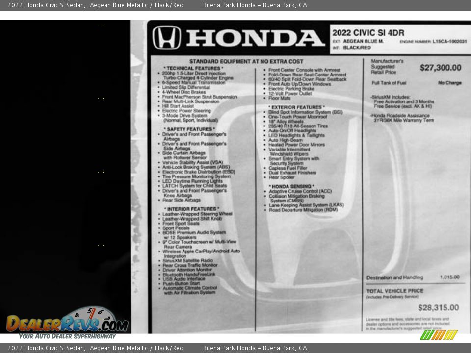 2022 Honda Civic Si Sedan Window Sticker Photo #35