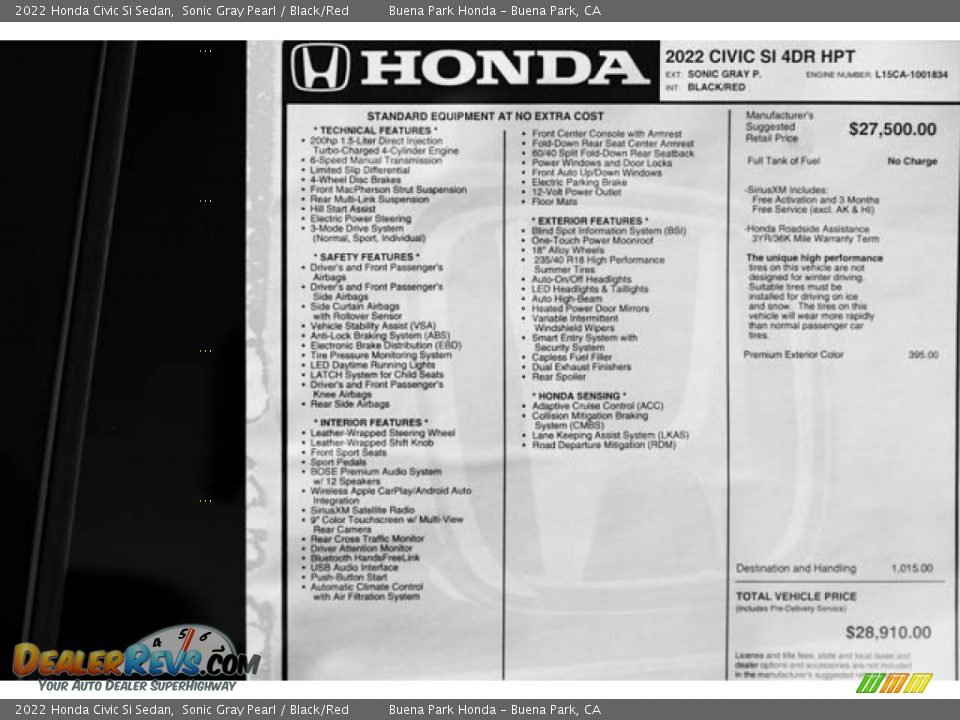 2022 Honda Civic Si Sedan Window Sticker Photo #35