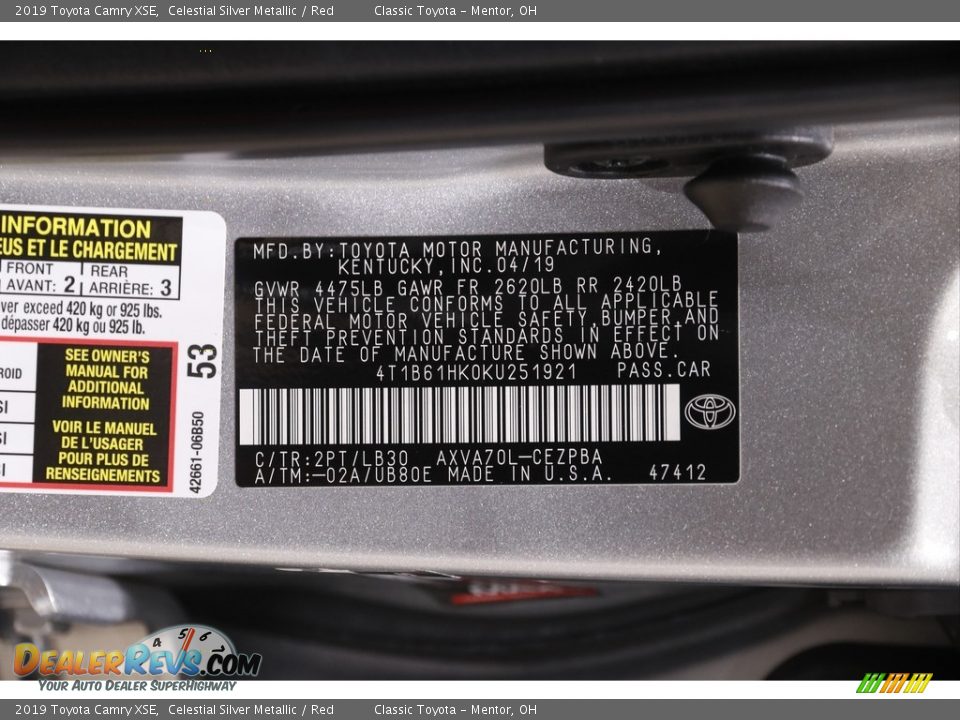 2019 Toyota Camry XSE Celestial Silver Metallic / Red Photo #21