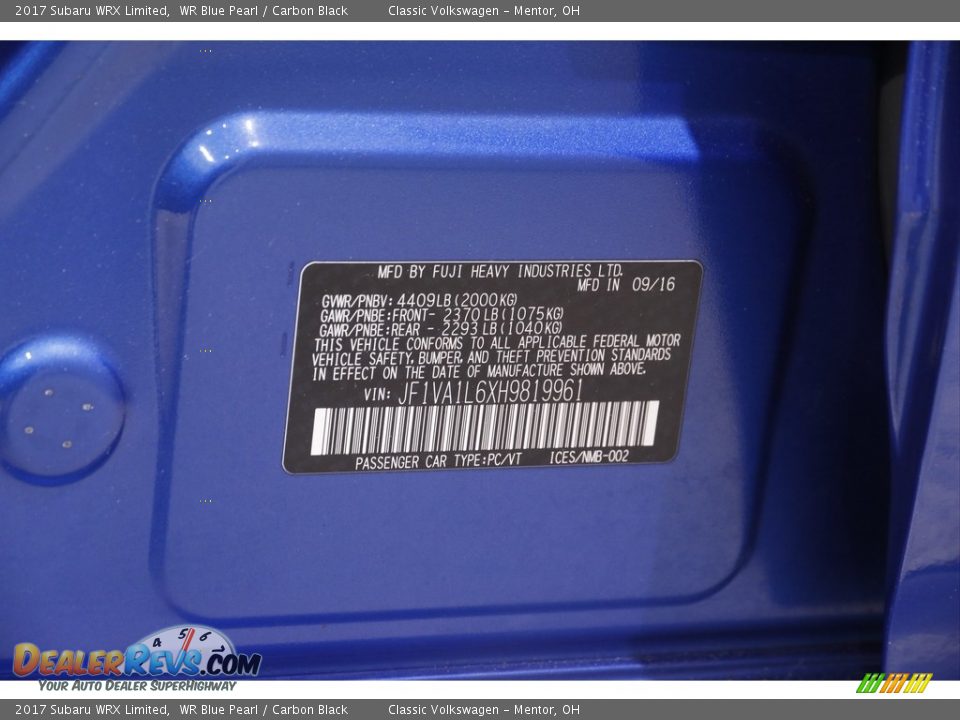 2017 Subaru WRX Limited WR Blue Pearl / Carbon Black Photo #25