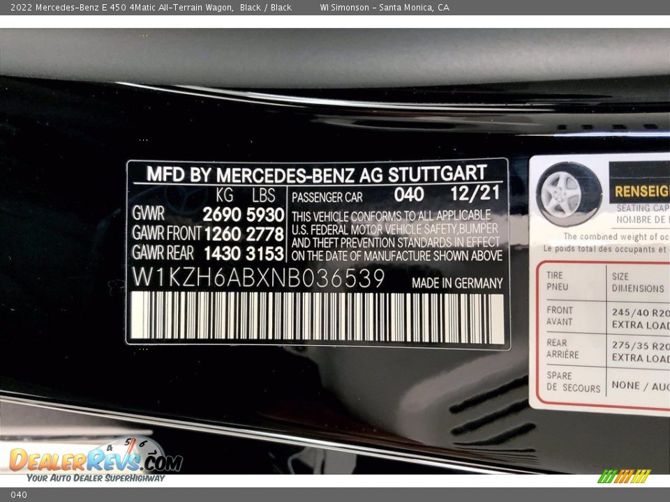 Mercedes-Benz Color Code 040 Black