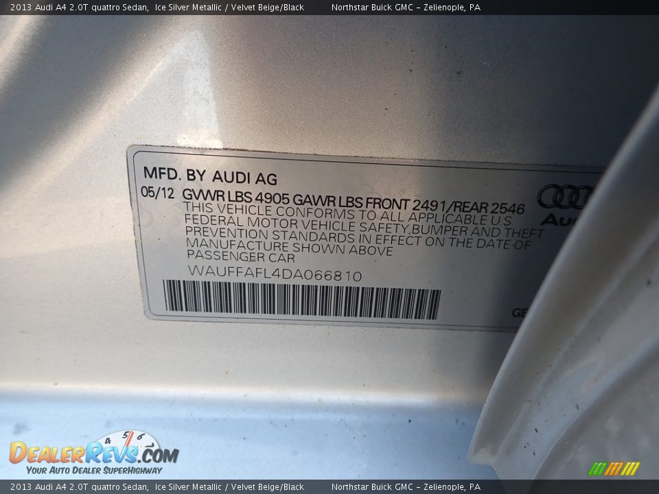 2013 Audi A4 2.0T quattro Sedan Ice Silver Metallic / Velvet Beige/Black Photo #14