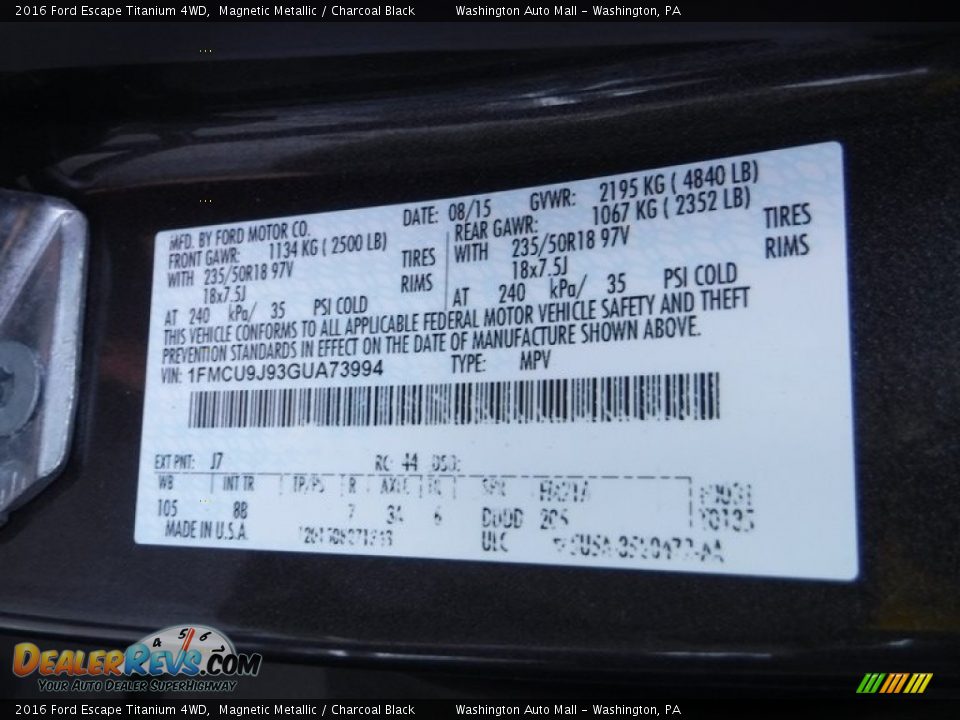 2016 Ford Escape Titanium 4WD Magnetic Metallic / Charcoal Black Photo #28