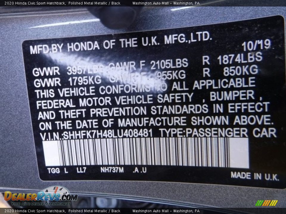 2020 Honda Civic Sport Hatchback Polished Metal Metallic / Black Photo #29