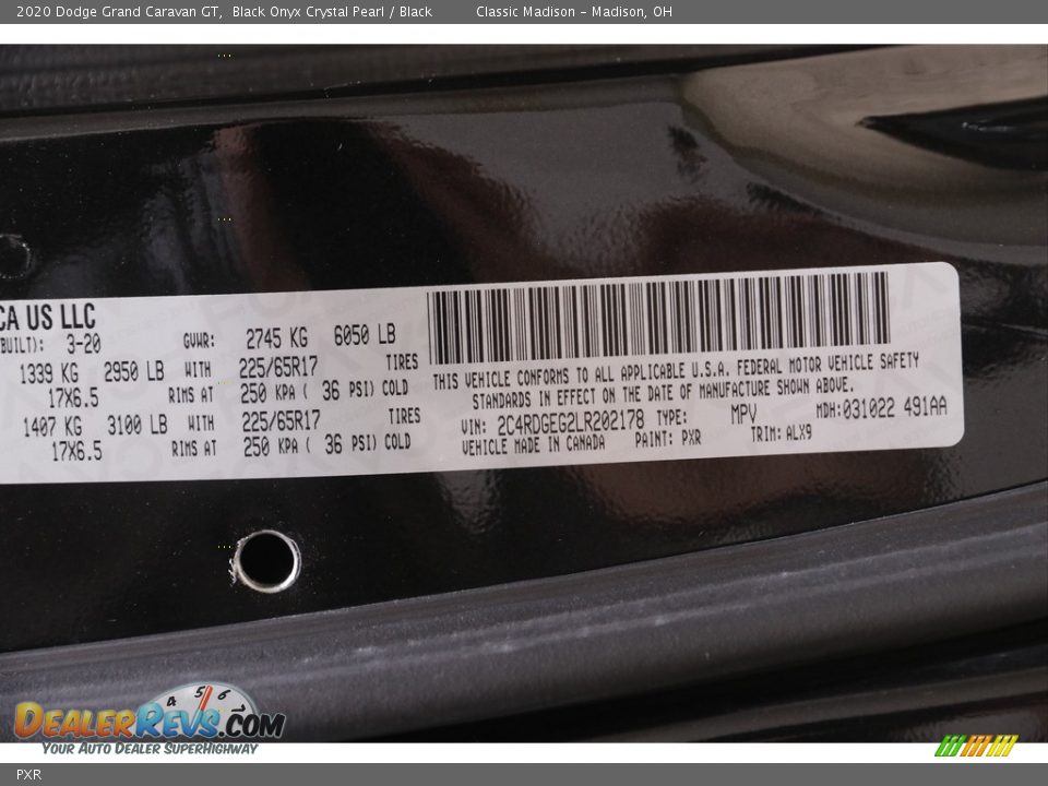 Dodge Color Code PXR Black Onyx Crystal Pearl