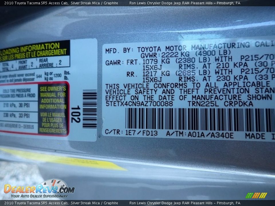 2010 Toyota Tacoma SR5 Access Cab Silver Streak Mica / Graphite Photo #15