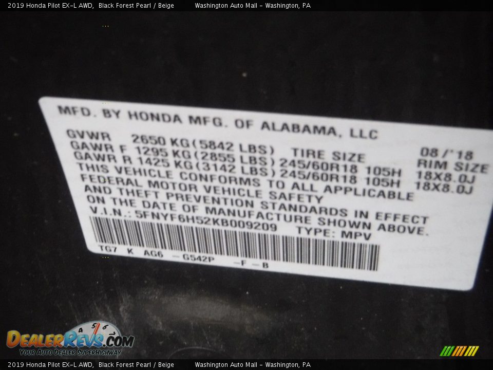 2019 Honda Pilot EX-L AWD Black Forest Pearl / Beige Photo #33