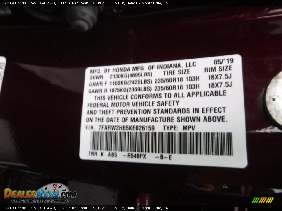 2019 Honda CR-V EX-L AWD Basque Red Pearl II / Gray Photo #31