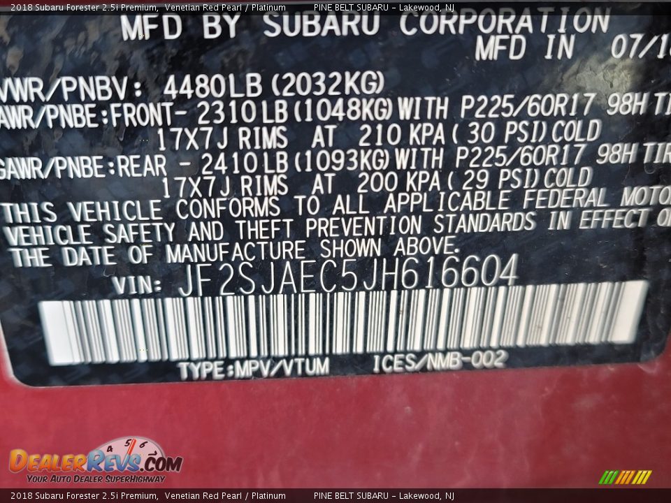 2018 Subaru Forester 2.5i Premium Venetian Red Pearl / Platinum Photo #36