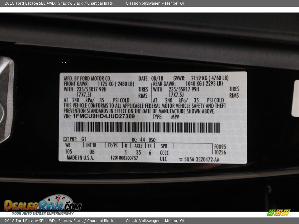 2018 Ford Escape SEL 4WD Shadow Black / Charcoal Black Photo #20