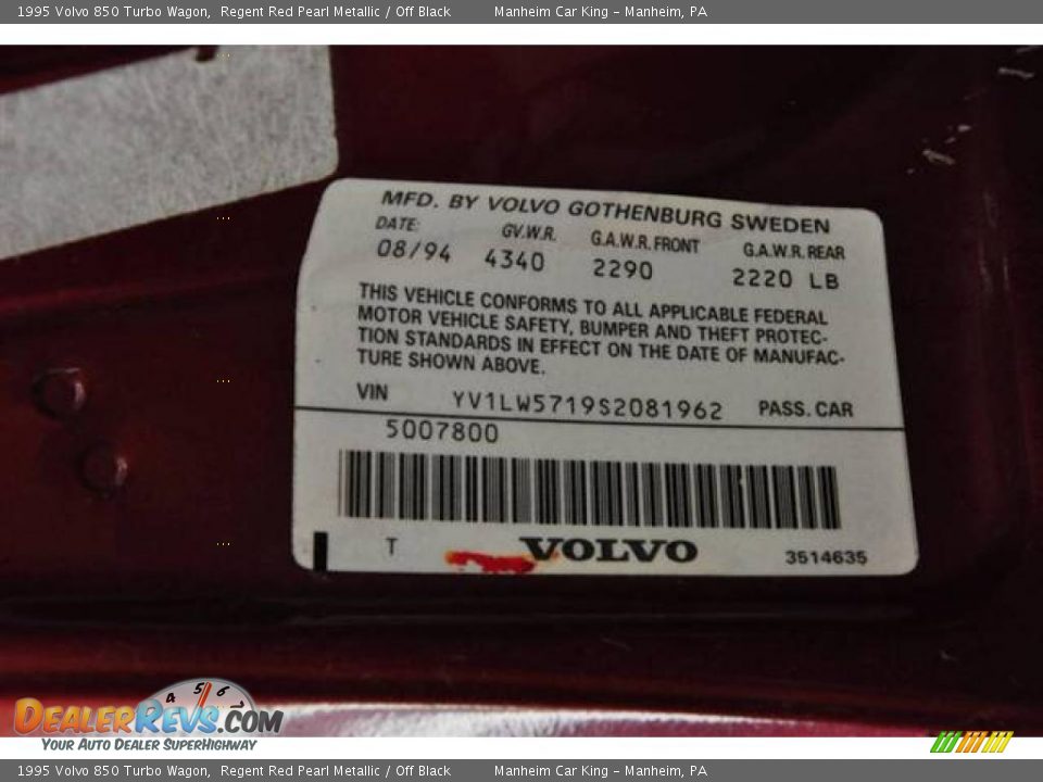 1995 Volvo 850 Turbo Wagon Regent Red Pearl Metallic / Off Black Photo #14