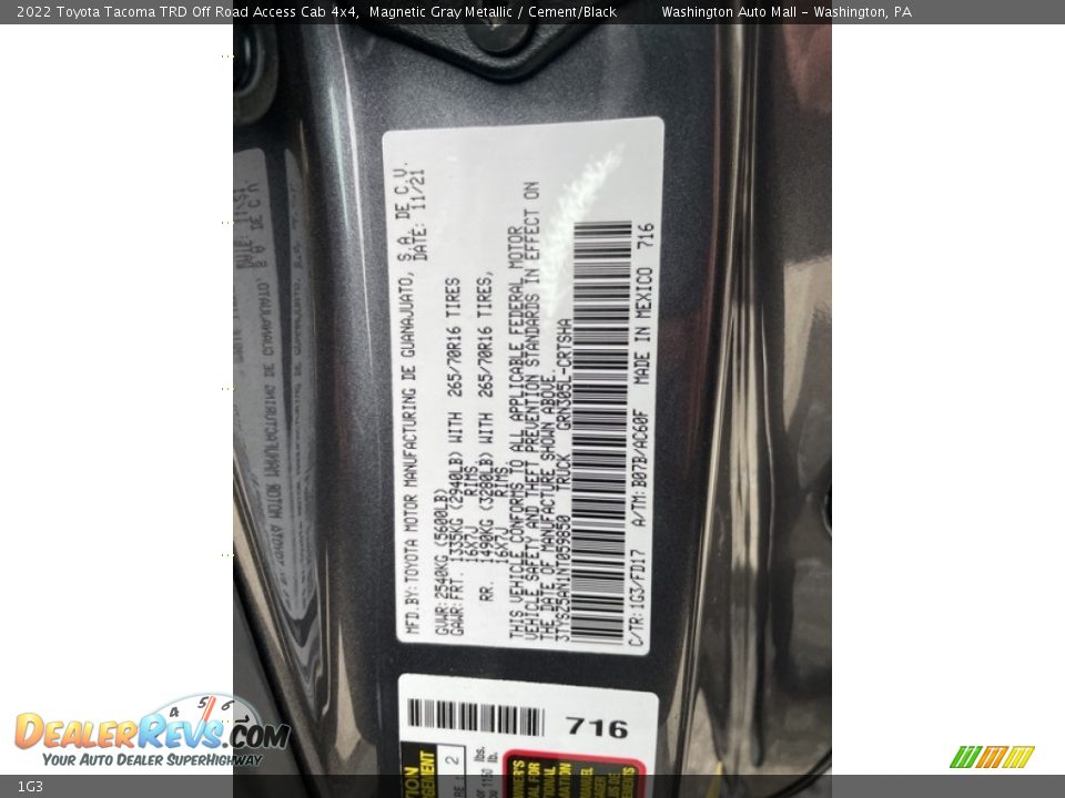 Toyota Color Code 1G3 Magnetic Gray Metallic