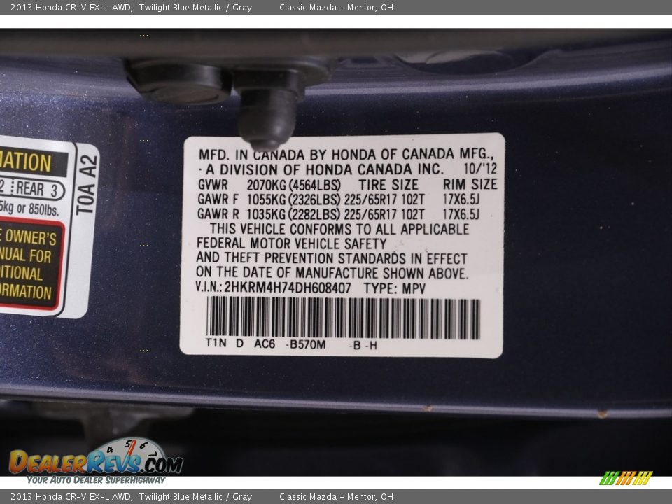 2013 Honda CR-V EX-L AWD Twilight Blue Metallic / Gray Photo #23