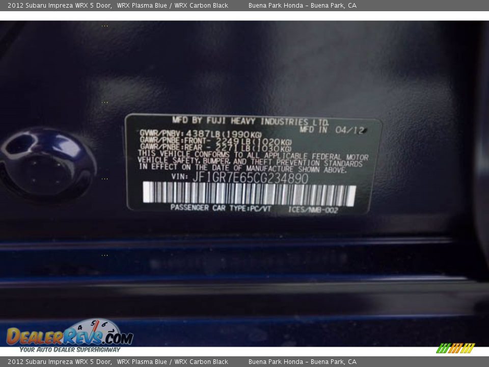 2012 Subaru Impreza WRX 5 Door WRX Plasma Blue / WRX Carbon Black Photo #34