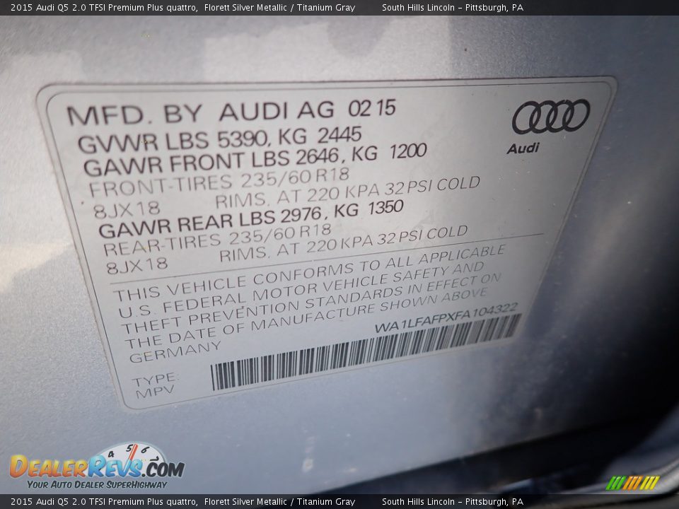 2015 Audi Q5 2.0 TFSI Premium Plus quattro Florett Silver Metallic / Titanium Gray Photo #23