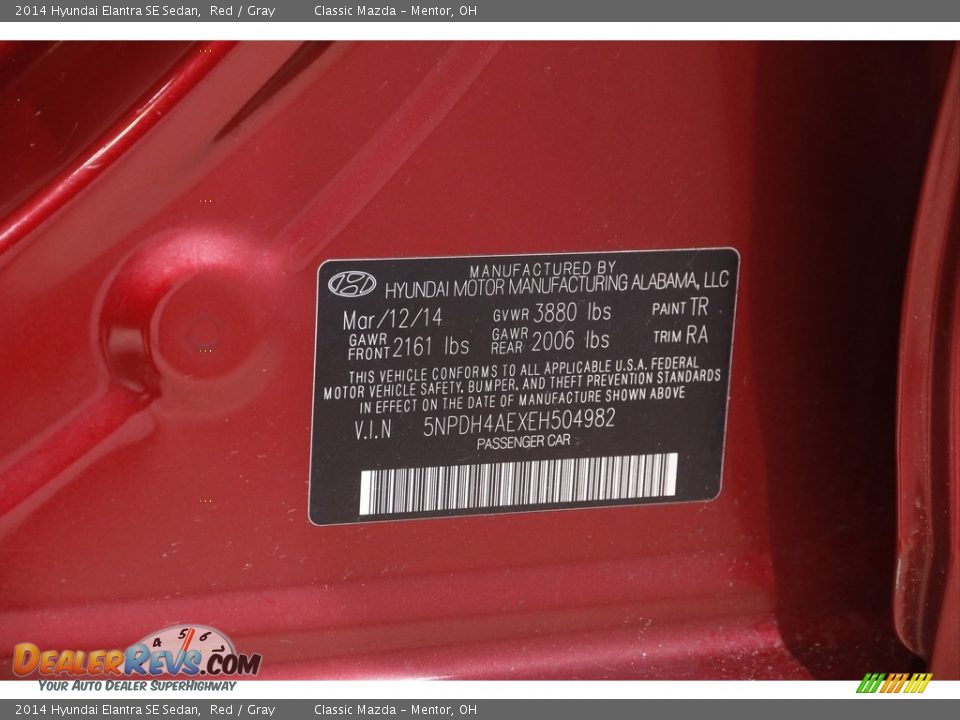 2014 Hyundai Elantra SE Sedan Red / Gray Photo #19