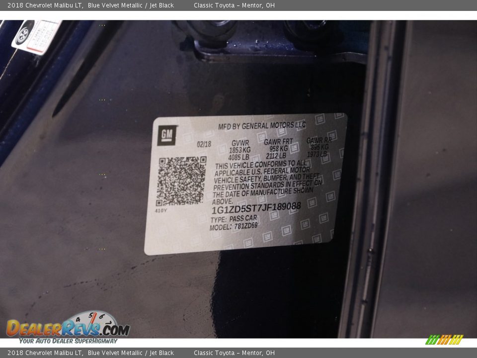 2018 Chevrolet Malibu LT Blue Velvet Metallic / Jet Black Photo #19