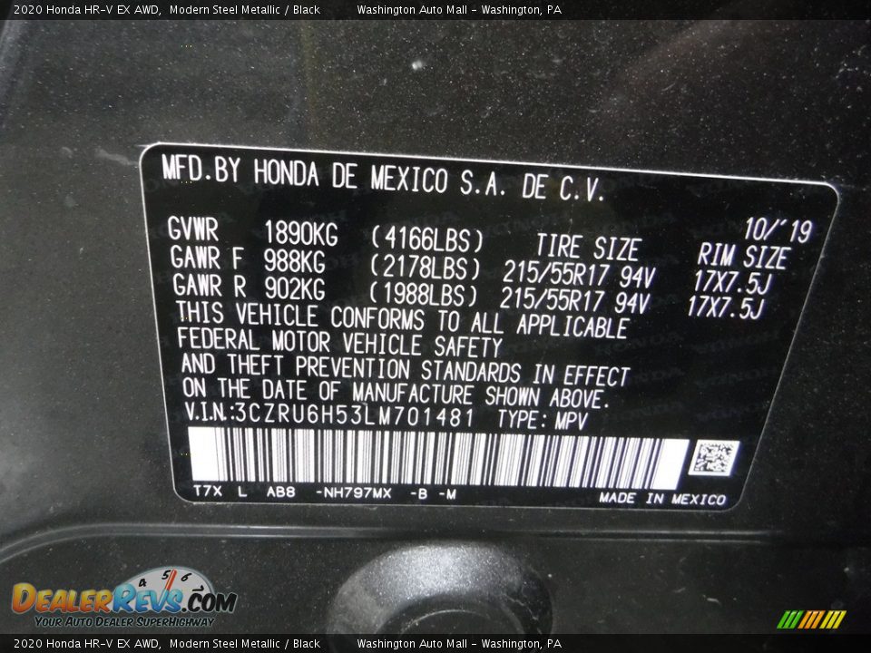 2020 Honda HR-V EX AWD Modern Steel Metallic / Black Photo #29