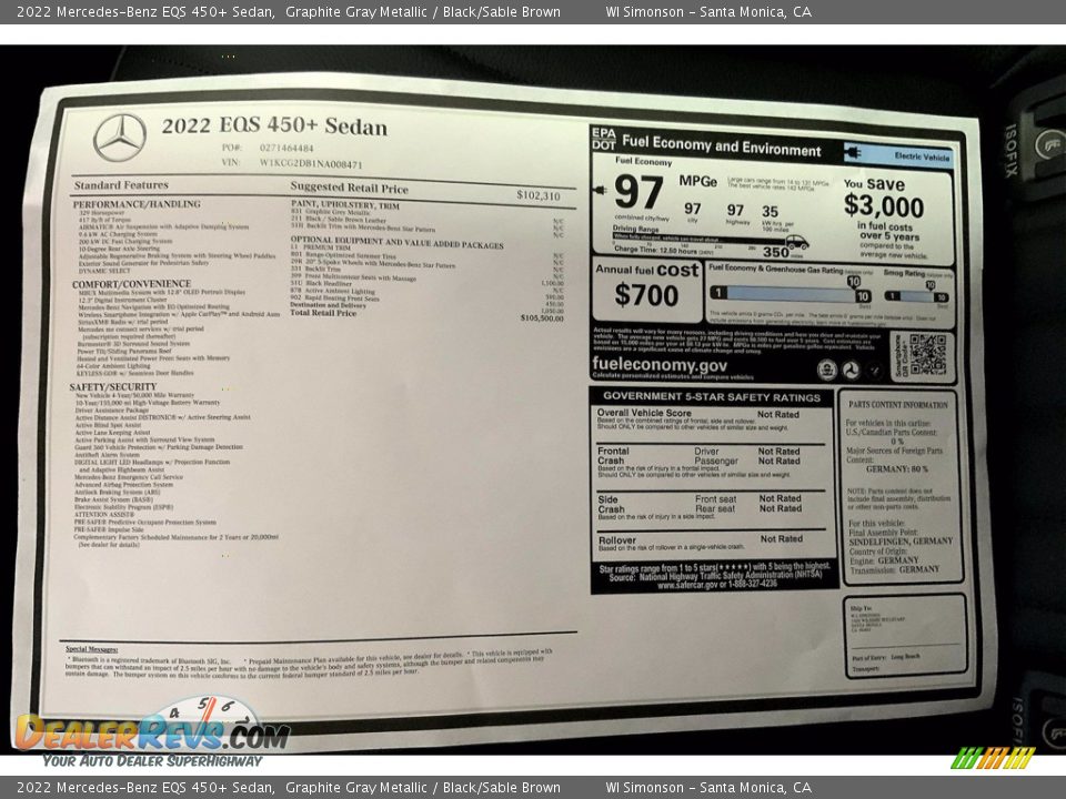 2022 Mercedes-Benz EQS 450+ Sedan Window Sticker Photo #13