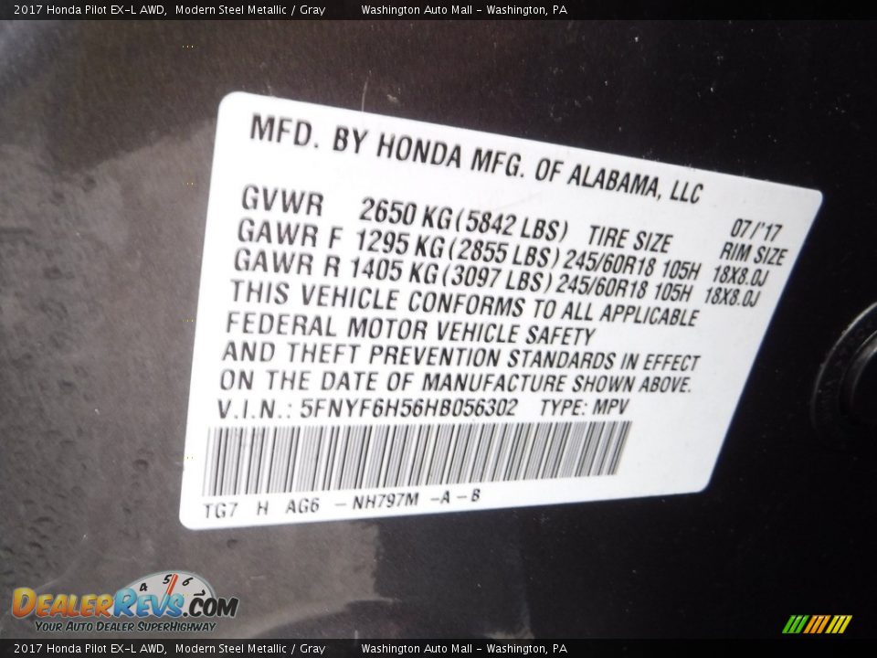2017 Honda Pilot EX-L AWD Modern Steel Metallic / Gray Photo #33