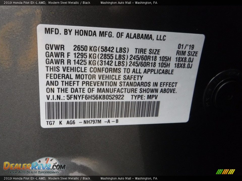 2019 Honda Pilot EX-L AWD Modern Steel Metallic / Black Photo #36