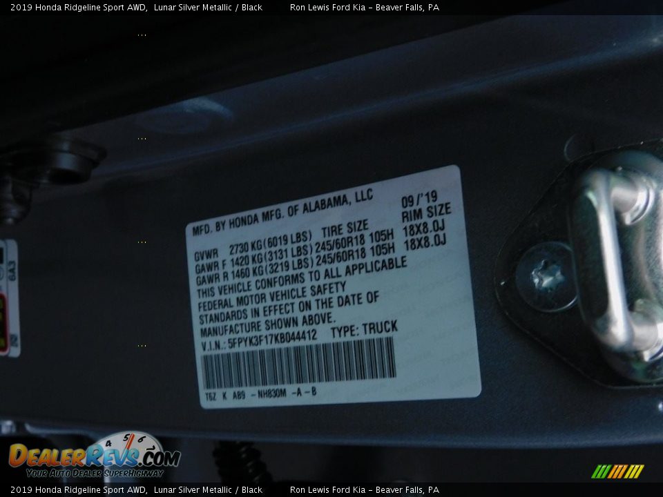 2019 Honda Ridgeline Sport AWD Lunar Silver Metallic / Black Photo #22