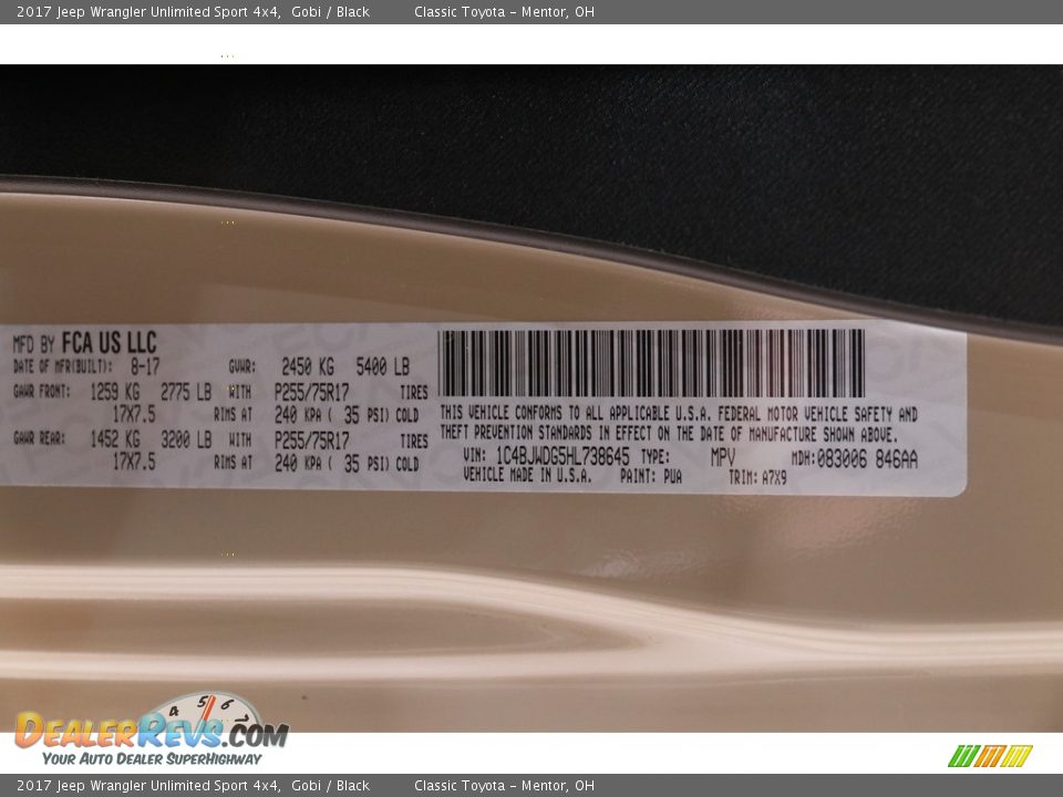 2017 Jeep Wrangler Unlimited Sport 4x4 Gobi / Black Photo #19