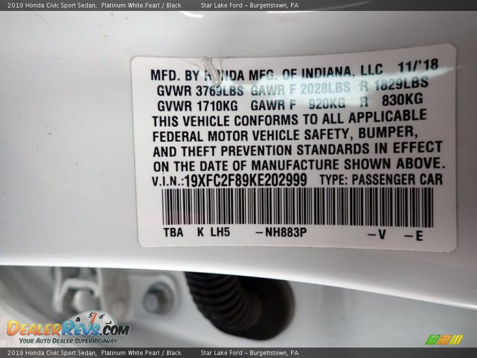 2019 Honda Civic Sport Sedan Platinum White Pearl / Black Photo #14