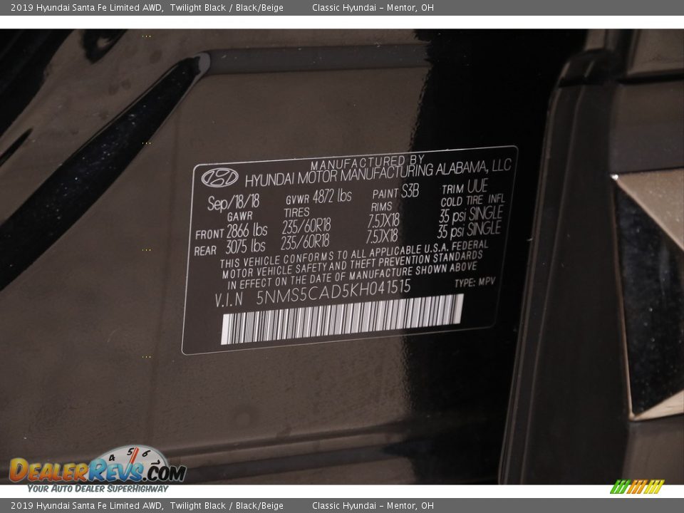 2019 Hyundai Santa Fe Limited AWD Twilight Black / Black/Beige Photo #19