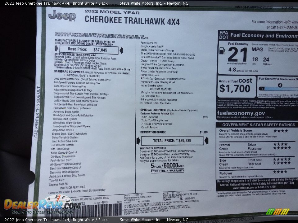 2022 Jeep Cherokee Trailhawk 4x4 Window Sticker Photo #30