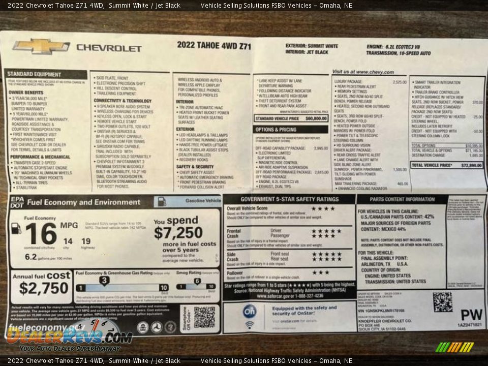 2022 Chevrolet Tahoe Z71 4WD Window Sticker Photo #7
