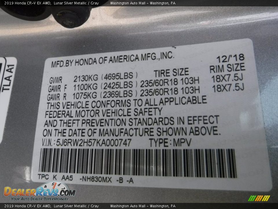 2019 Honda CR-V EX AWD Lunar Silver Metallic / Gray Photo #34