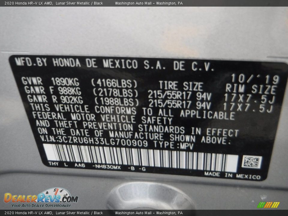 2020 Honda HR-V LX AWD Lunar Silver Metallic / Black Photo #28