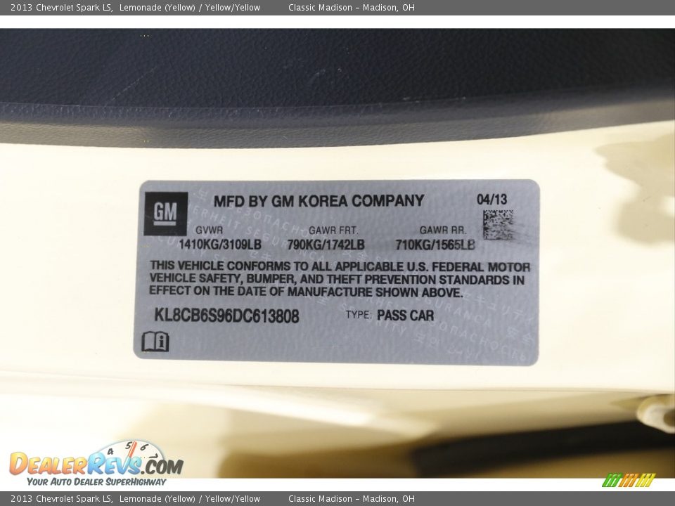 2013 Chevrolet Spark LS Lemonade (Yellow) / Yellow/Yellow Photo #16