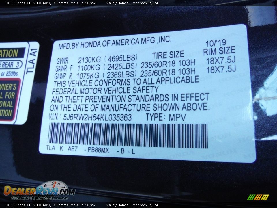 2019 Honda CR-V EX AWD Gunmetal Metallic / Gray Photo #32