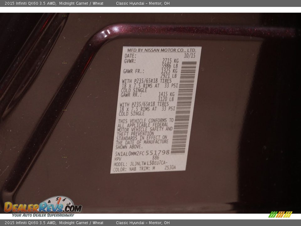 2015 Infiniti QX60 3.5 AWD Midnight Garnet / Wheat Photo #23