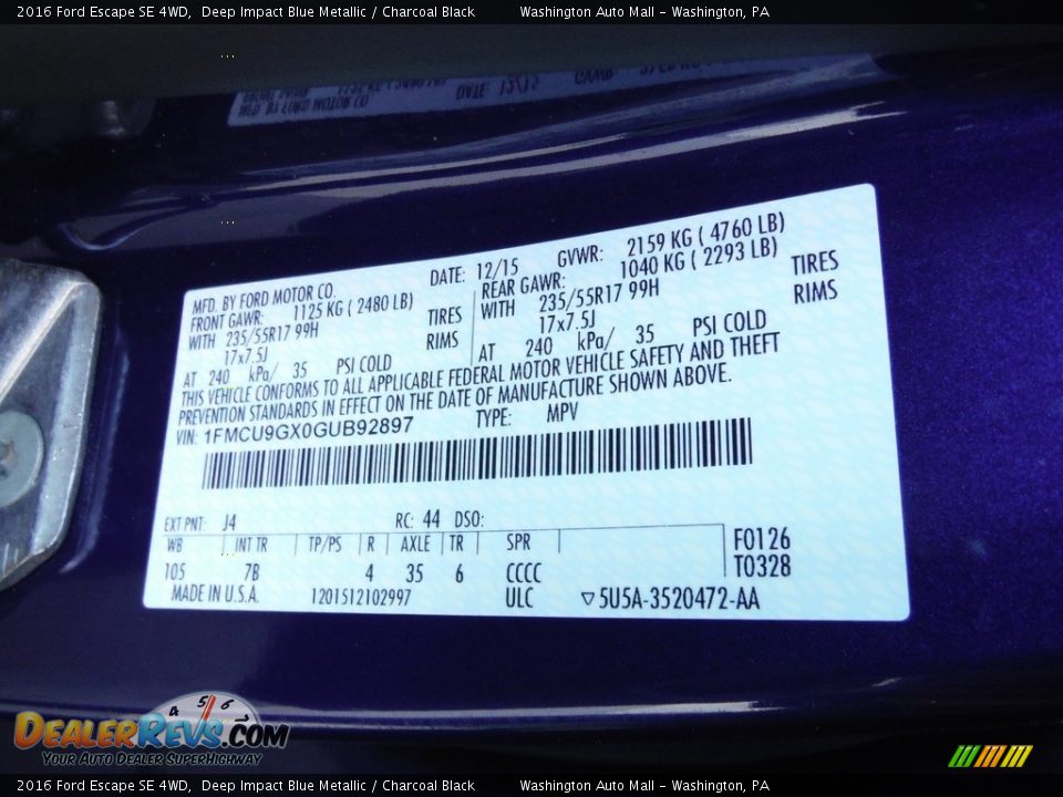 2016 Ford Escape SE 4WD Deep Impact Blue Metallic / Charcoal Black Photo #29