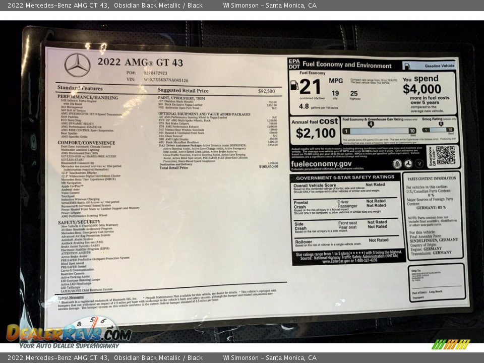2022 Mercedes-Benz AMG GT 43 Window Sticker Photo #13