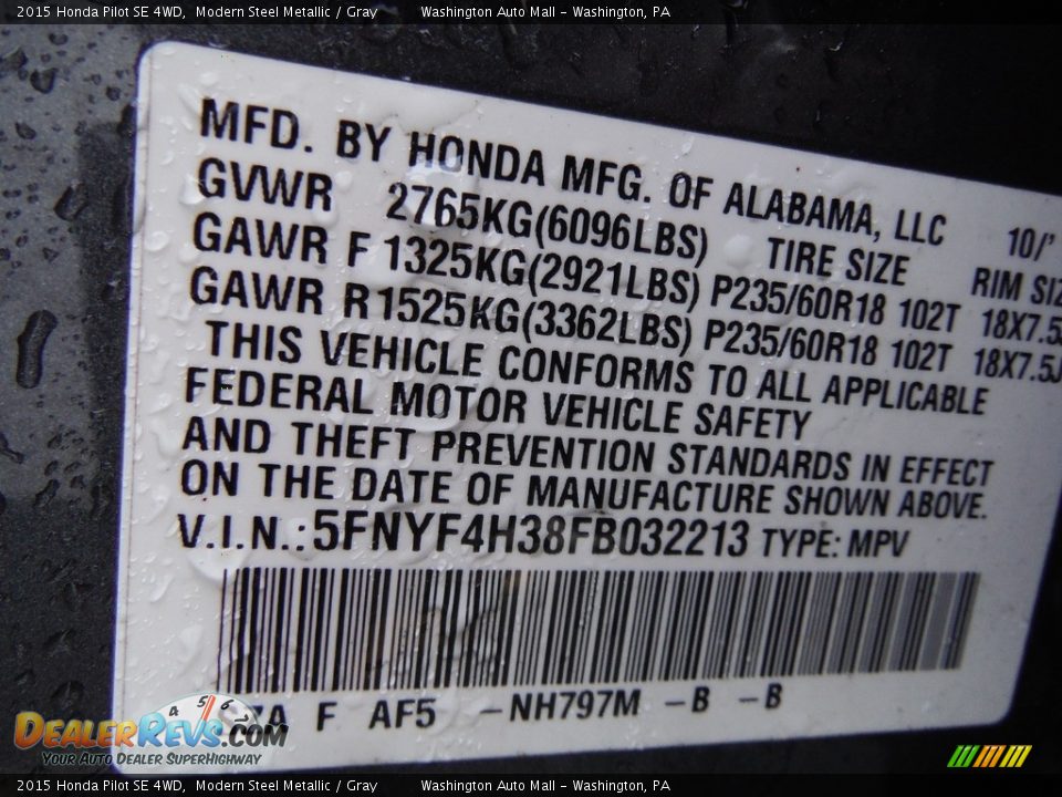 2015 Honda Pilot SE 4WD Modern Steel Metallic / Gray Photo #32