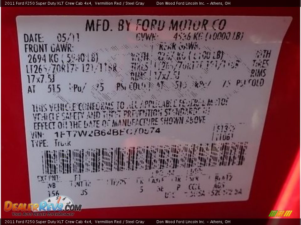 2011 Ford F250 Super Duty XLT Crew Cab 4x4 Vermillion Red / Steel Gray Photo #17