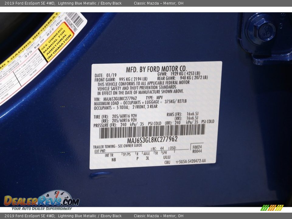 2019 Ford EcoSport SE 4WD Lightning Blue Metallic / Ebony Black Photo #19