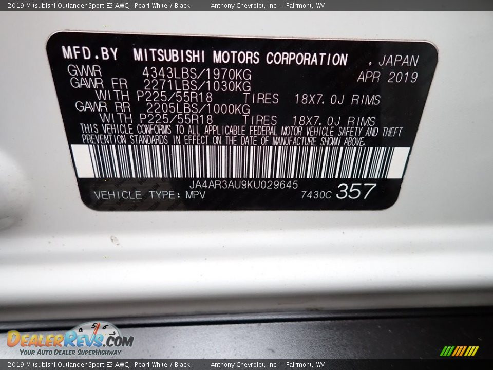 2019 Mitsubishi Outlander Sport ES AWC Pearl White / Black Photo #15